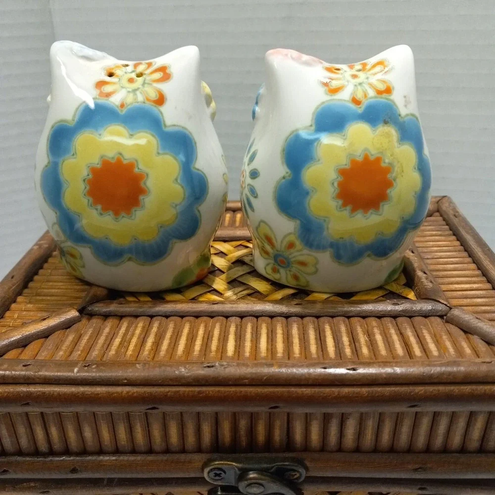 Pier 1 Imports Owl Salt And Pepper Shakers With flowers.